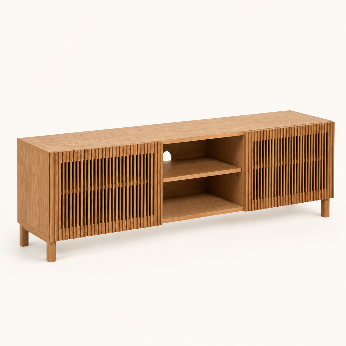 Zaroda slatted wooden TV unit combining storage and display for modern compact homes