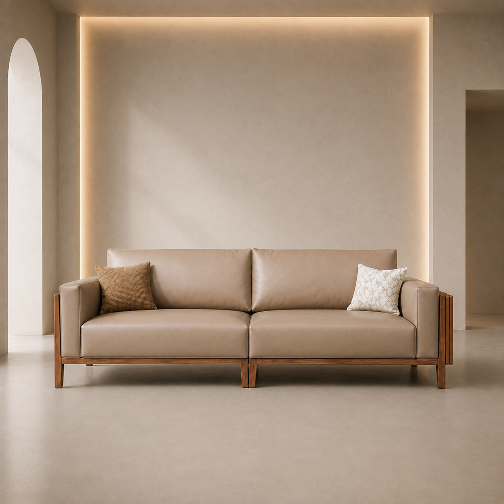 Slatted Solid Wood Frame Leather Sofa - Z-S-005