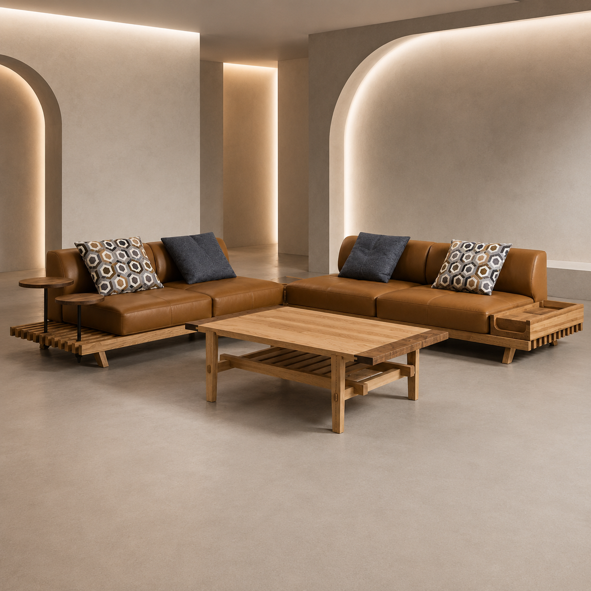 Solid Wood L‑Shape Leather Sofa - Z-S-020
