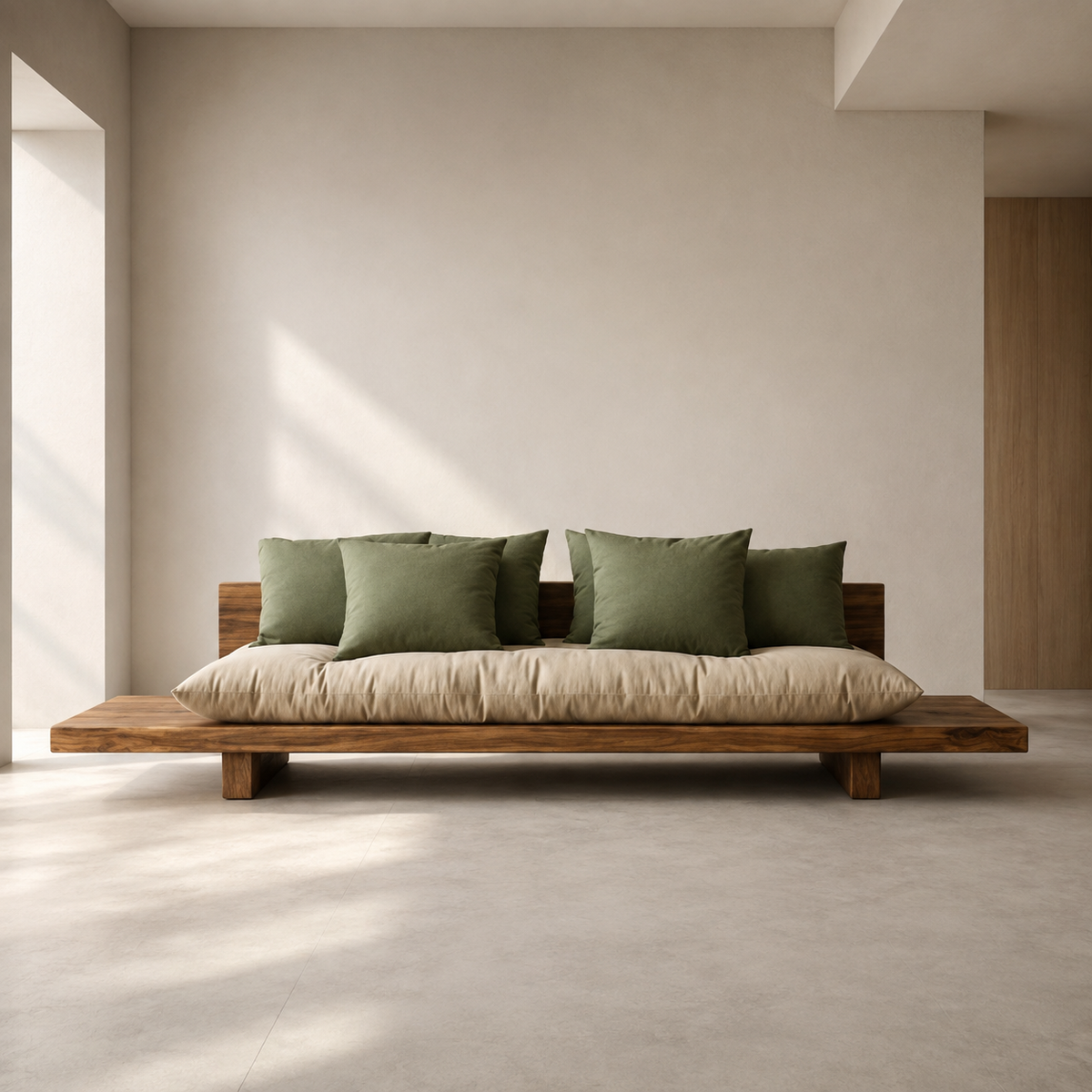 A low wooden platform daybed with a thick beige cushion and four olive green pillows, set against a minimalist beige wall in a sunlit room.