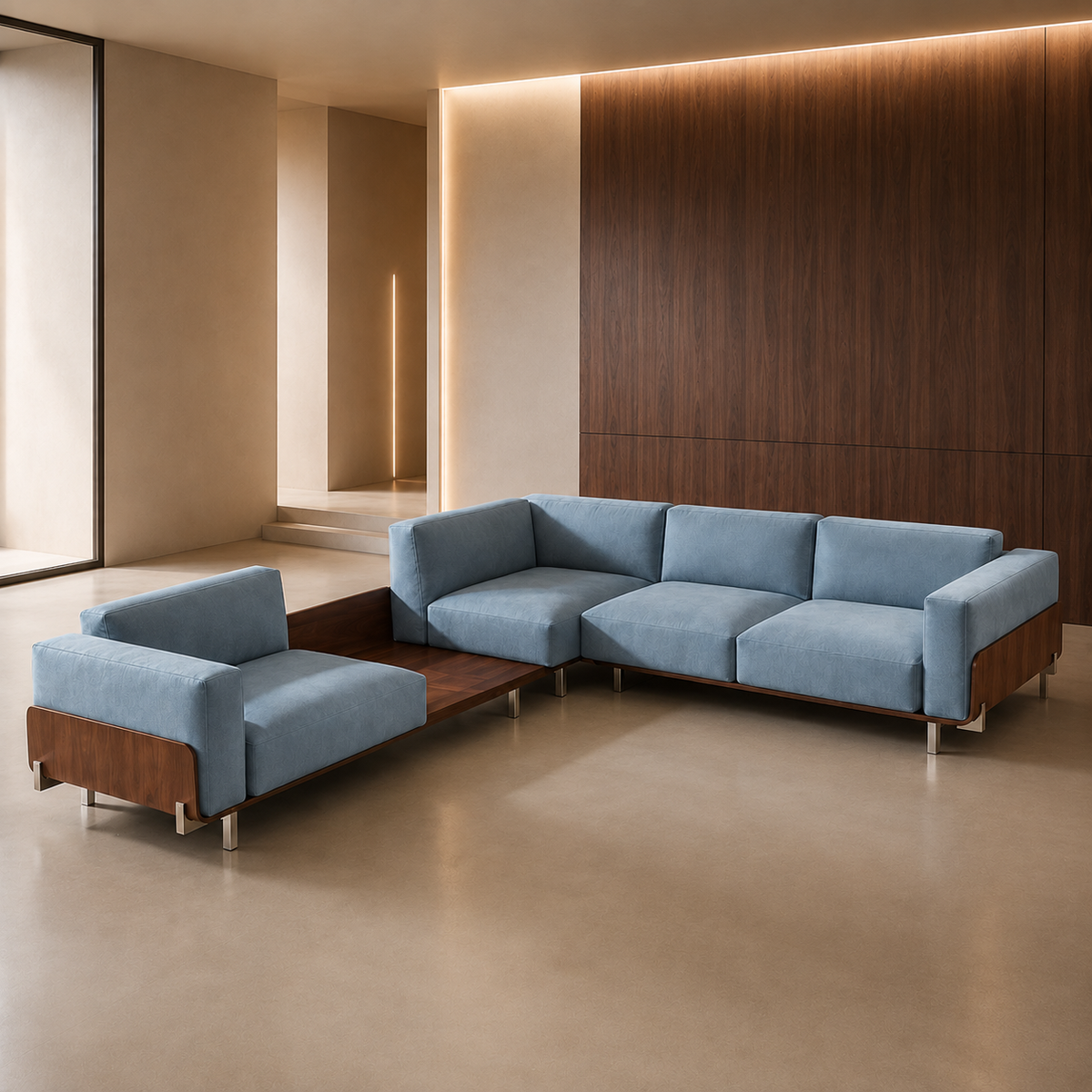 Modern L Shape Fabric Sofa – Blue & Walnut Finish - Z-S-017