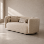 A modern curved loveseat sofa upholstered in textured boucle fabric, shown in a minimalist room with warm sunlight and shadow on a neutral beige wall and floor.