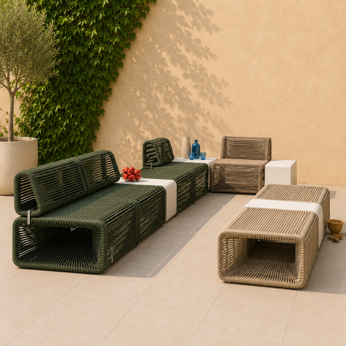 Contemporary Rope-Woven Outdoor Bench Set -Z-ODF-005