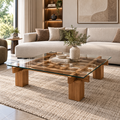 Glass‑Top Wooden Grid Coffee Table - Z-CT-002