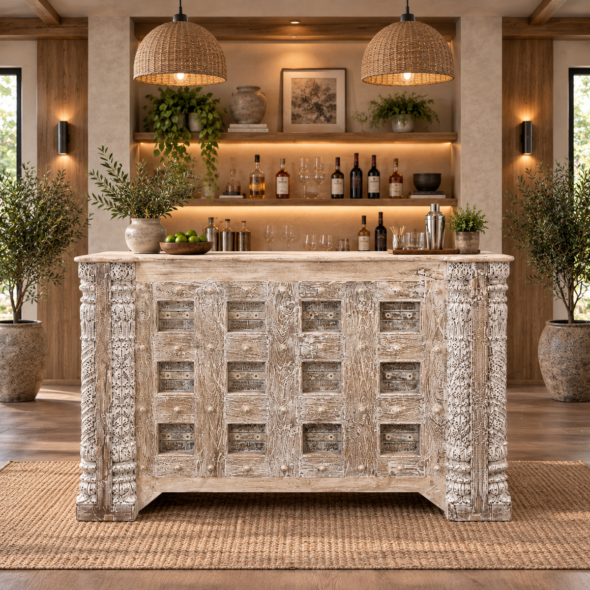 Handcrafted Rustic Carved Wooden Counter Table -Z-BCT-004