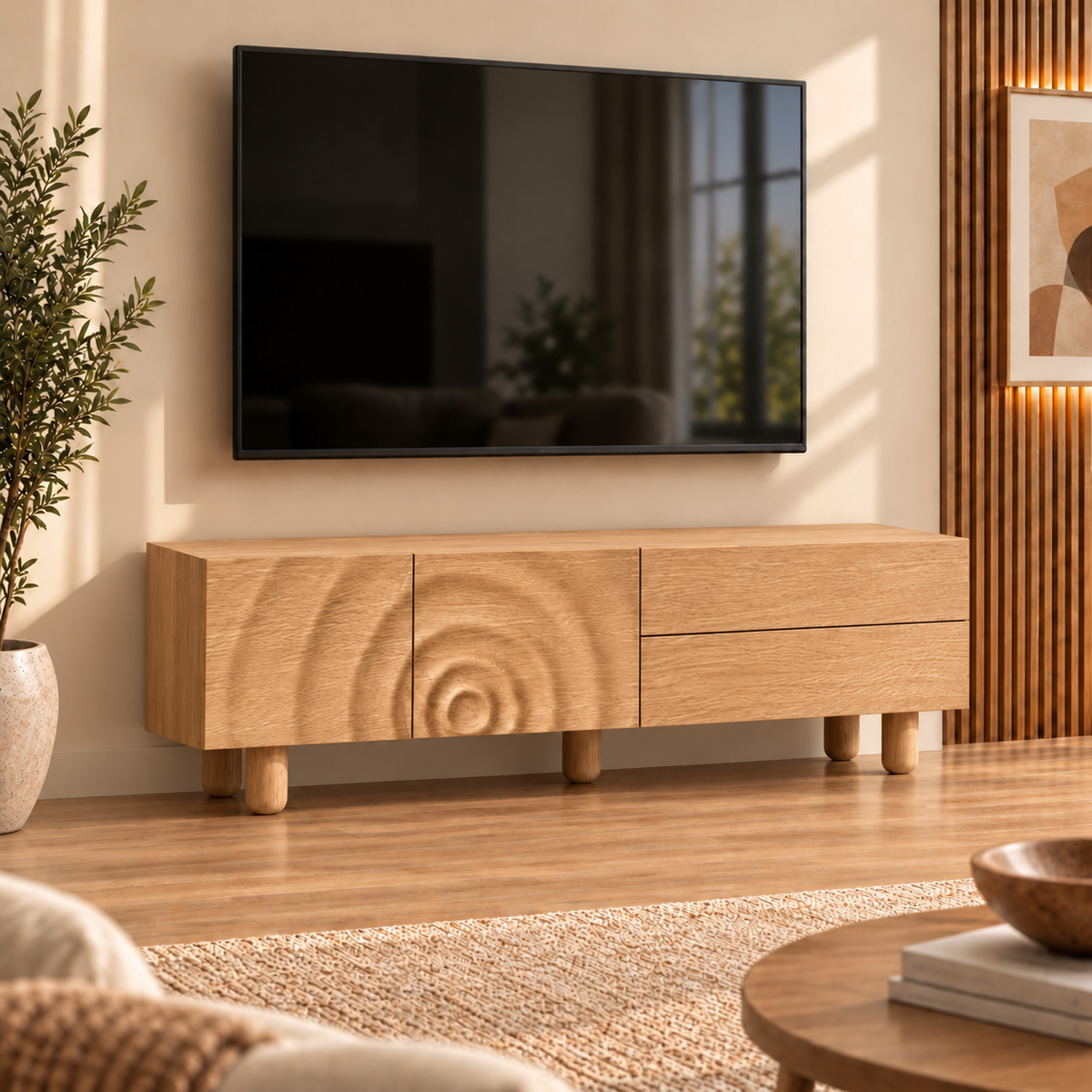 Ripple‑Carved Wooden TV Unit - Z-TU-004