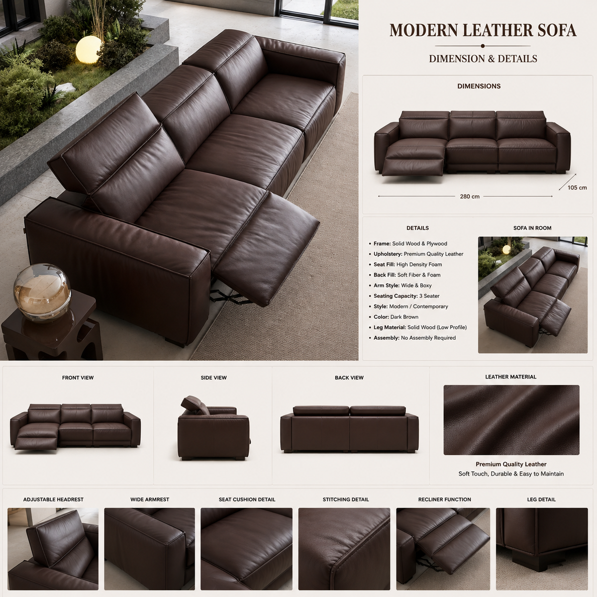 Dark Brown Leather Power Recliner Sofa - Z-RS-002