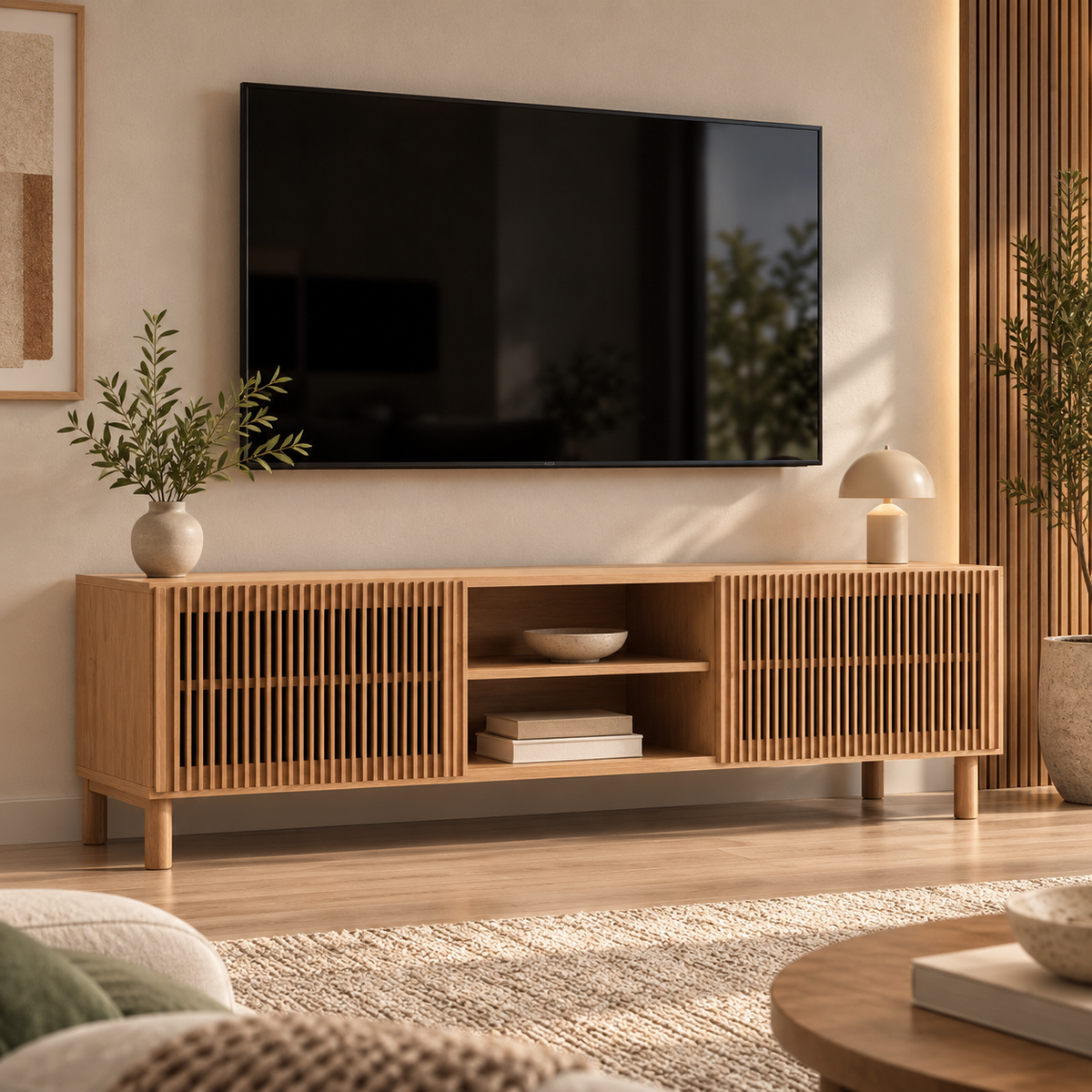Solid Wood Slatted TV Unit - Z-TU-001