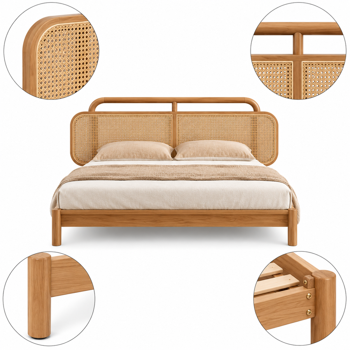 Natural Rattan Headboard Cane Wooden Bed - Z-B-020