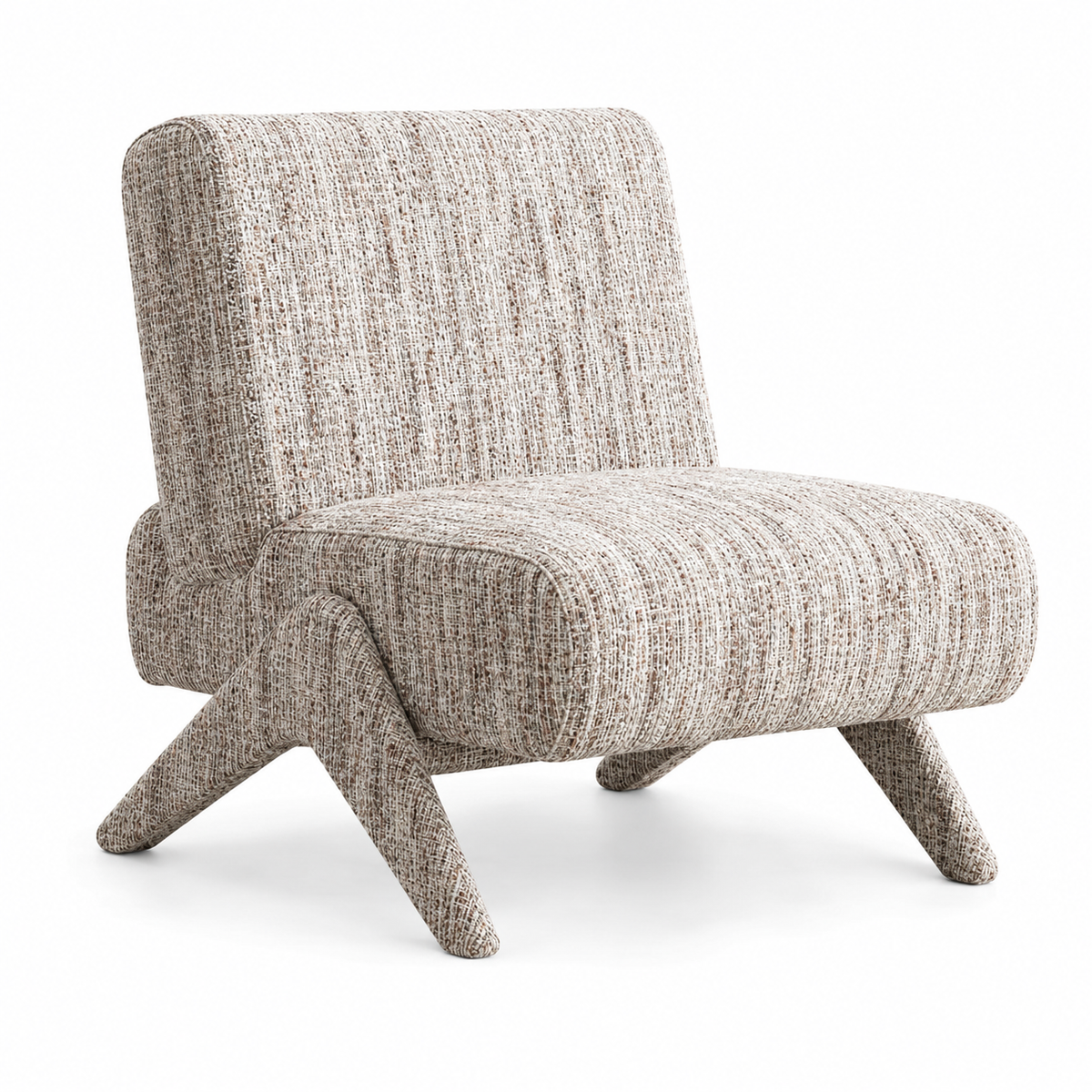 A modern accent chair with a textured, woven beige and brown fabric upholstery, featuring a high back and angled legs, shown on a solid white background.