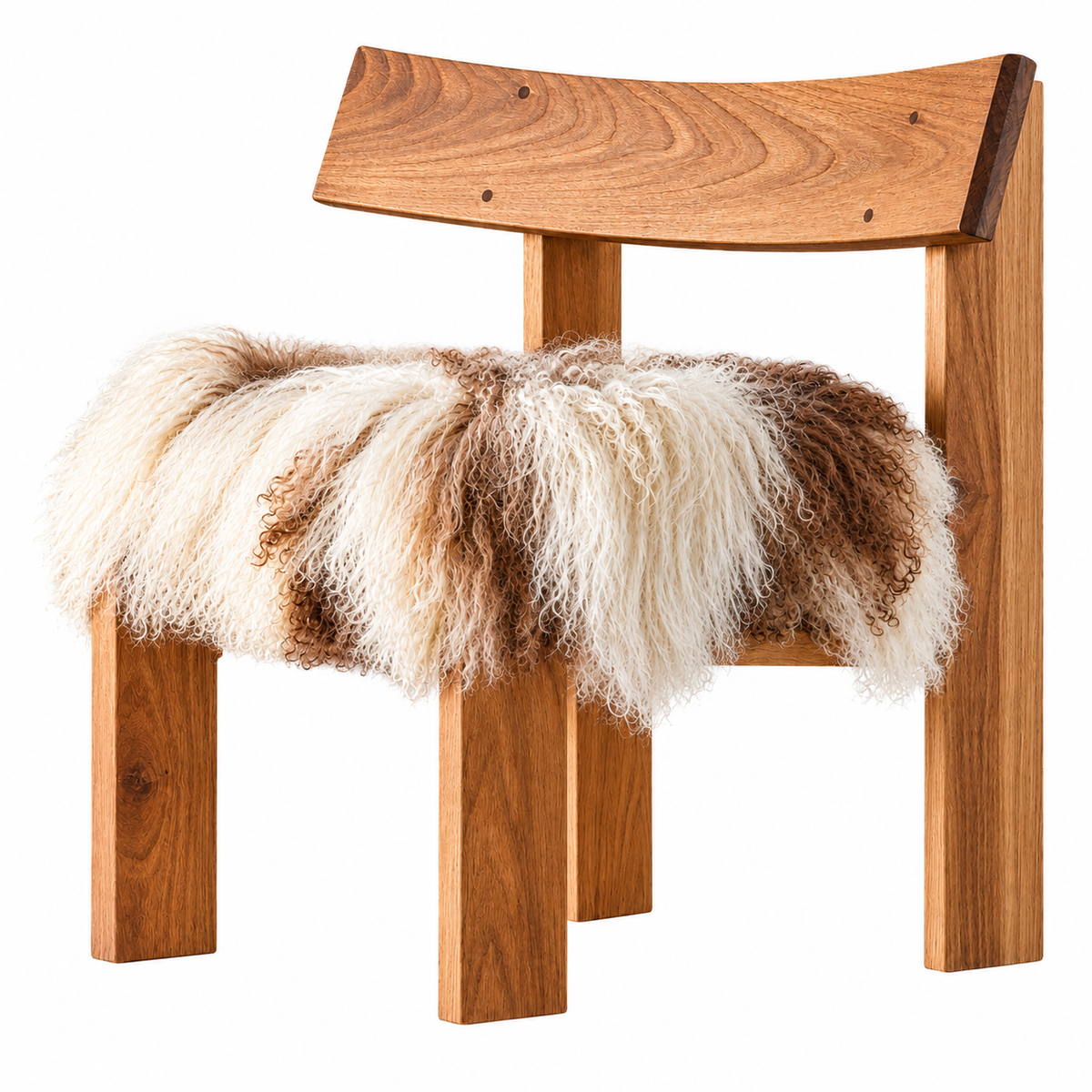 A wooden chair with a curved backrest and thick block legs, featuring a fluffy sheepskin seat cushion in natural cream, brown, and tan tones, shown on a solid white background.
