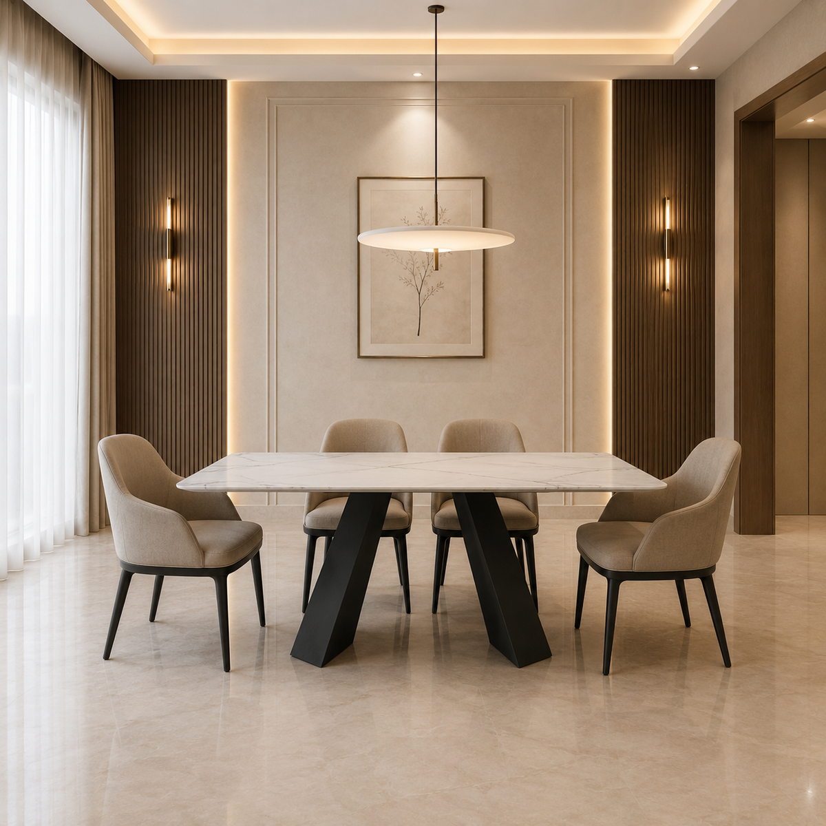 Marble Top Dining Table with Black Geometric Base - Z-DT-008