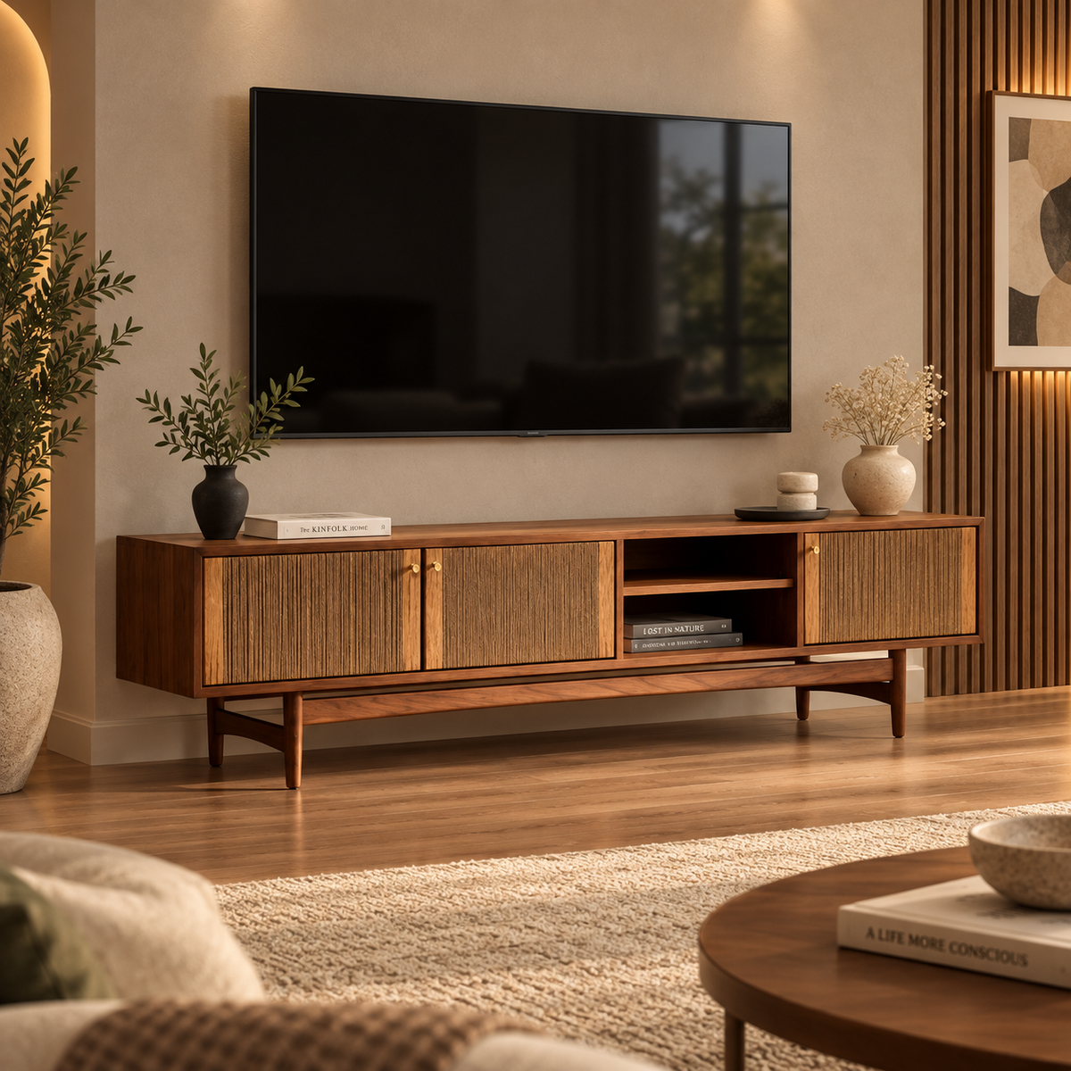 Mid‑Century Wooden TV Unit with Brass Accents - Z-TU-009