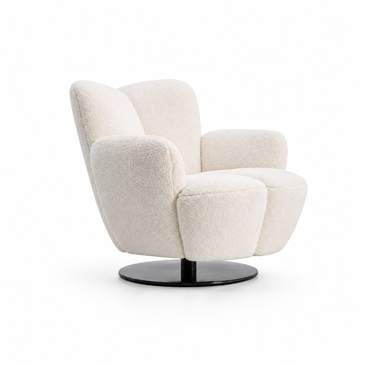 A modern boucle armchair in cream with a black circular swivel base, photographed on a seamless white background.