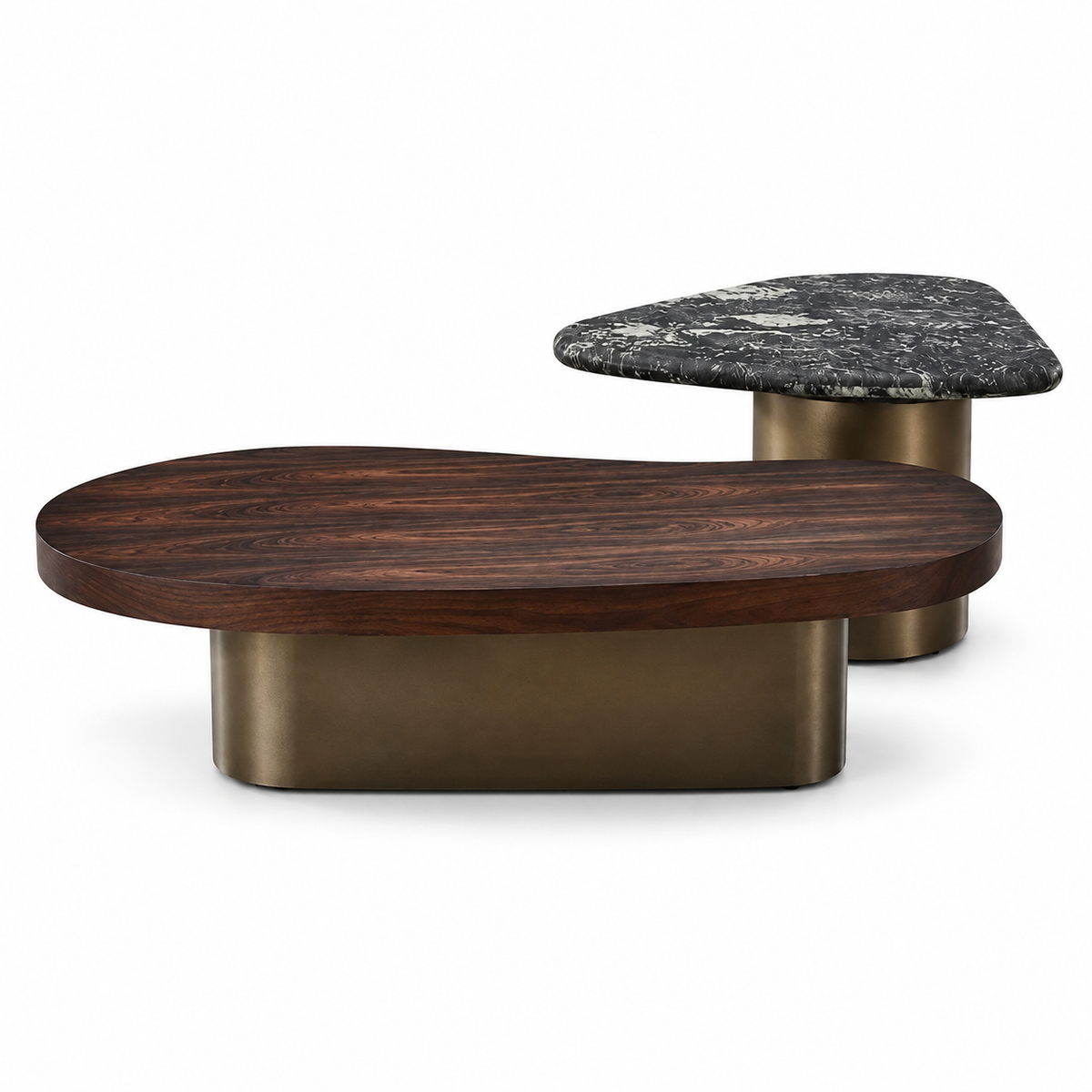 Two modern accent tables with rounded organic shapes, one featuring a dark brown wood top and the other a black-and-white marble top, both supported by brushed brass bases.