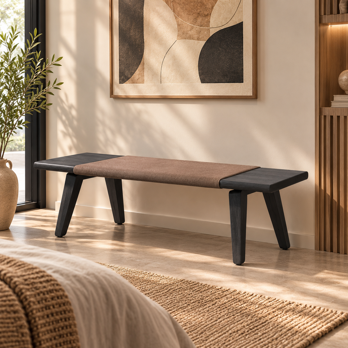 Wood & Brown Leather Entryway Bench - Z-BB-002