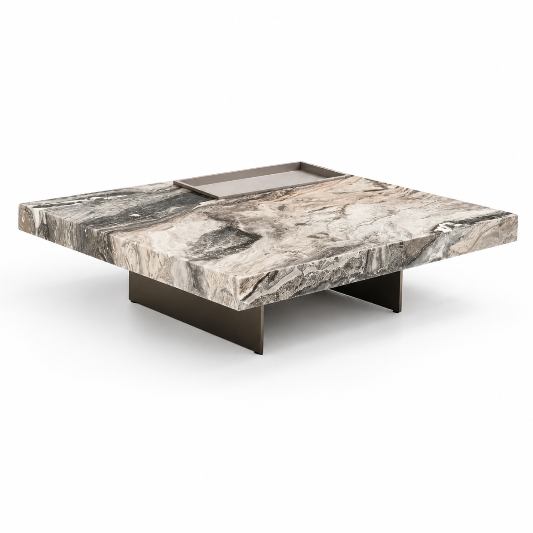 A modern square coffee table with a thick, rectangular slab of gray and beige marble top and a dark bronze metal base, shown on a white background.