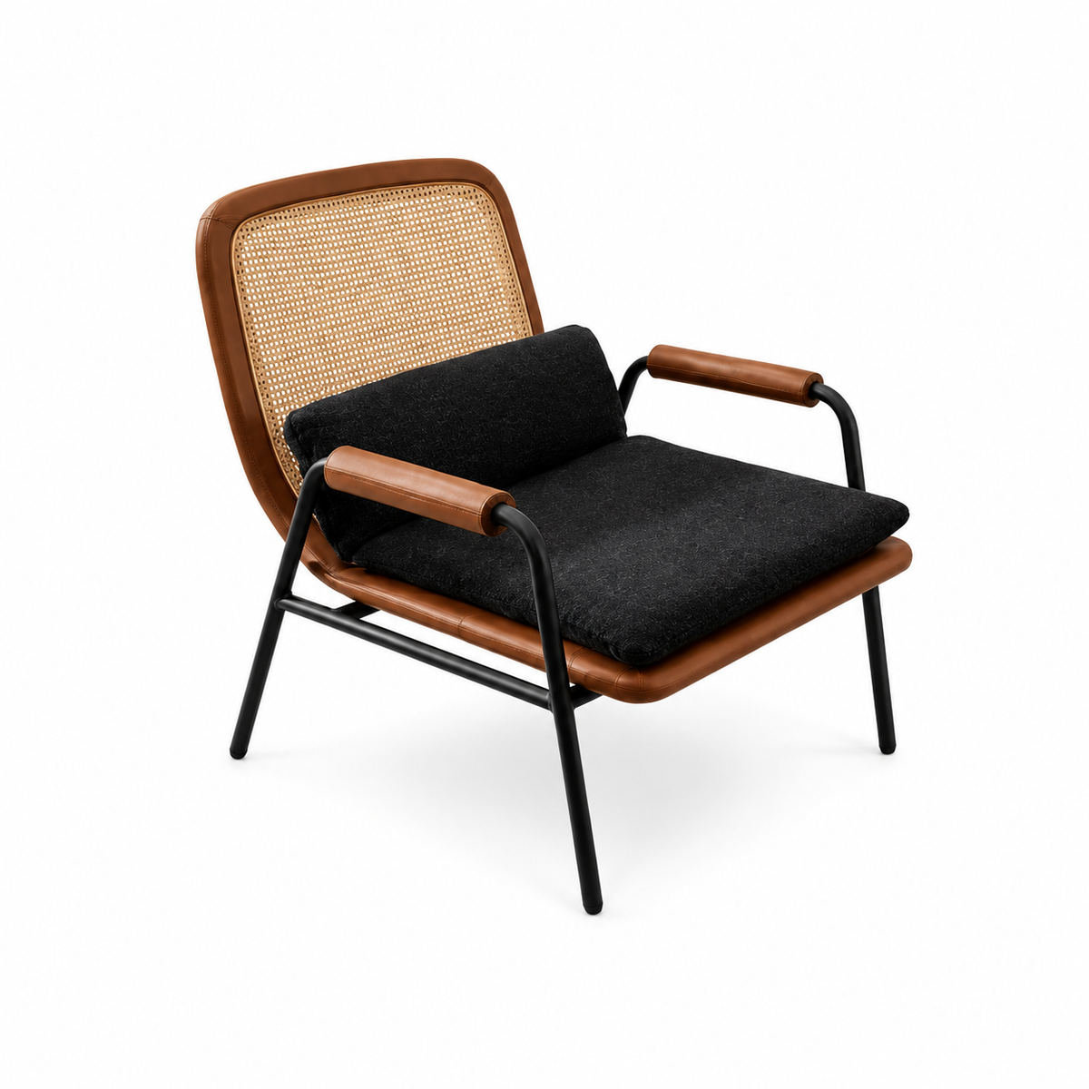 A mid-century modern accent chair featuring a black textured seat cushion, a matching back cushion, a natural woven cane backrest, and a warm brown leather frame with black metal legs, shown on a white background.