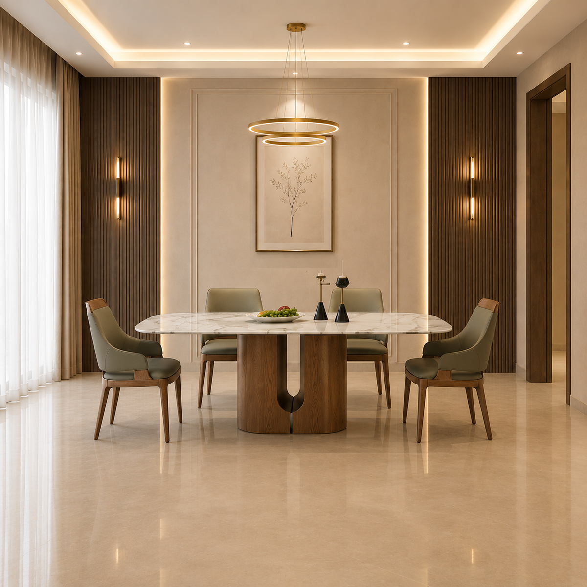 Marble Dining Table With Walnut Pedestal Base -Z-DT-025