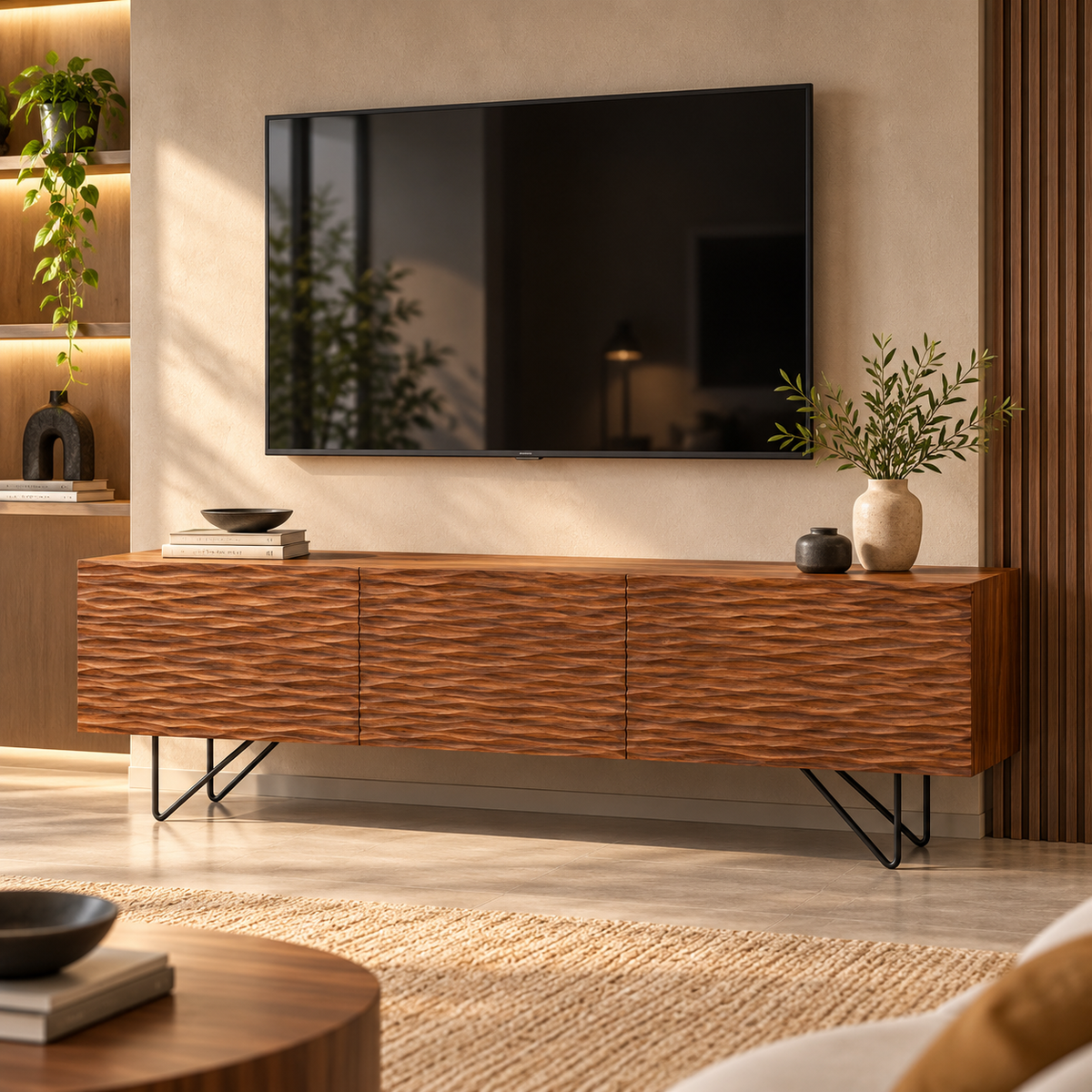 Textured Wooden TV Unit with Metal Legs -Z-TU-007