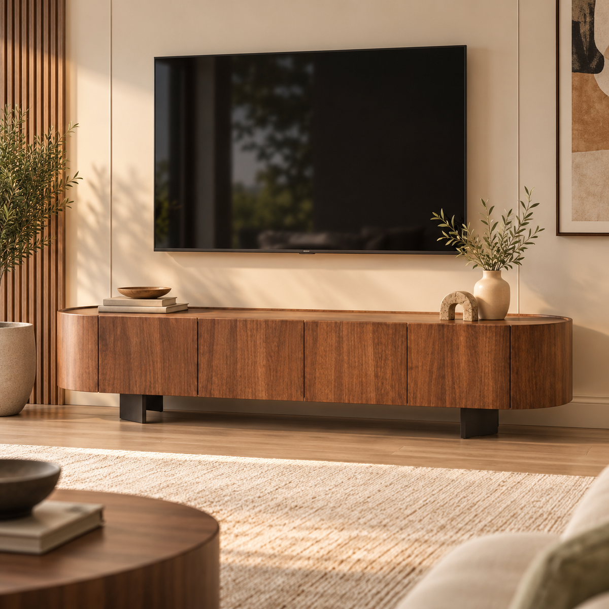 Rounded Edge Wooden TV Unit with Metal Base - Z-TU-008