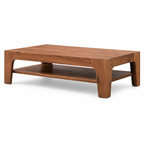 A rectangular wooden coffee table with a warm medium-brown finish, featuring a lower shelf and thick blocky legs, shown on a clean white background.