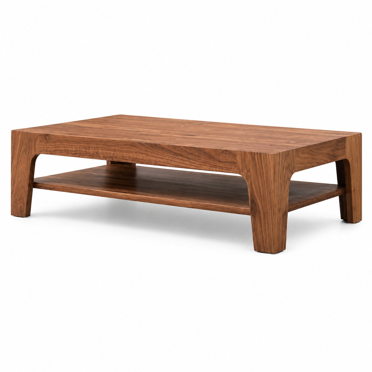 A rectangular wooden coffee table with a warm medium-brown finish, featuring a lower shelf and thick blocky legs, shown on a clean white background.