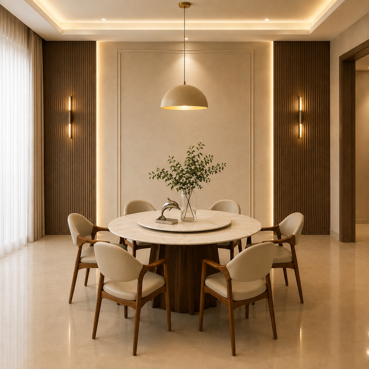 6-Seater - Round Marble & Solid Wooden Base Dining Table - Z-DT-015