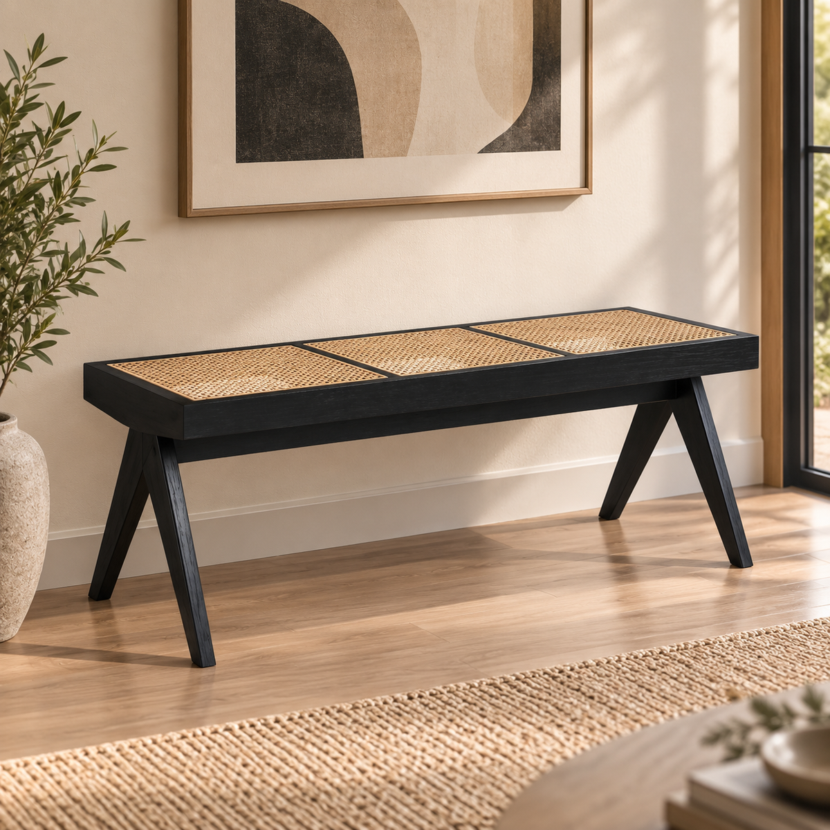 Solid Wood & Woven Rattan Entryway Bench - Z-BB-001