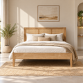 Natural Wood Bed with Rattan Headboard - Z-B-021