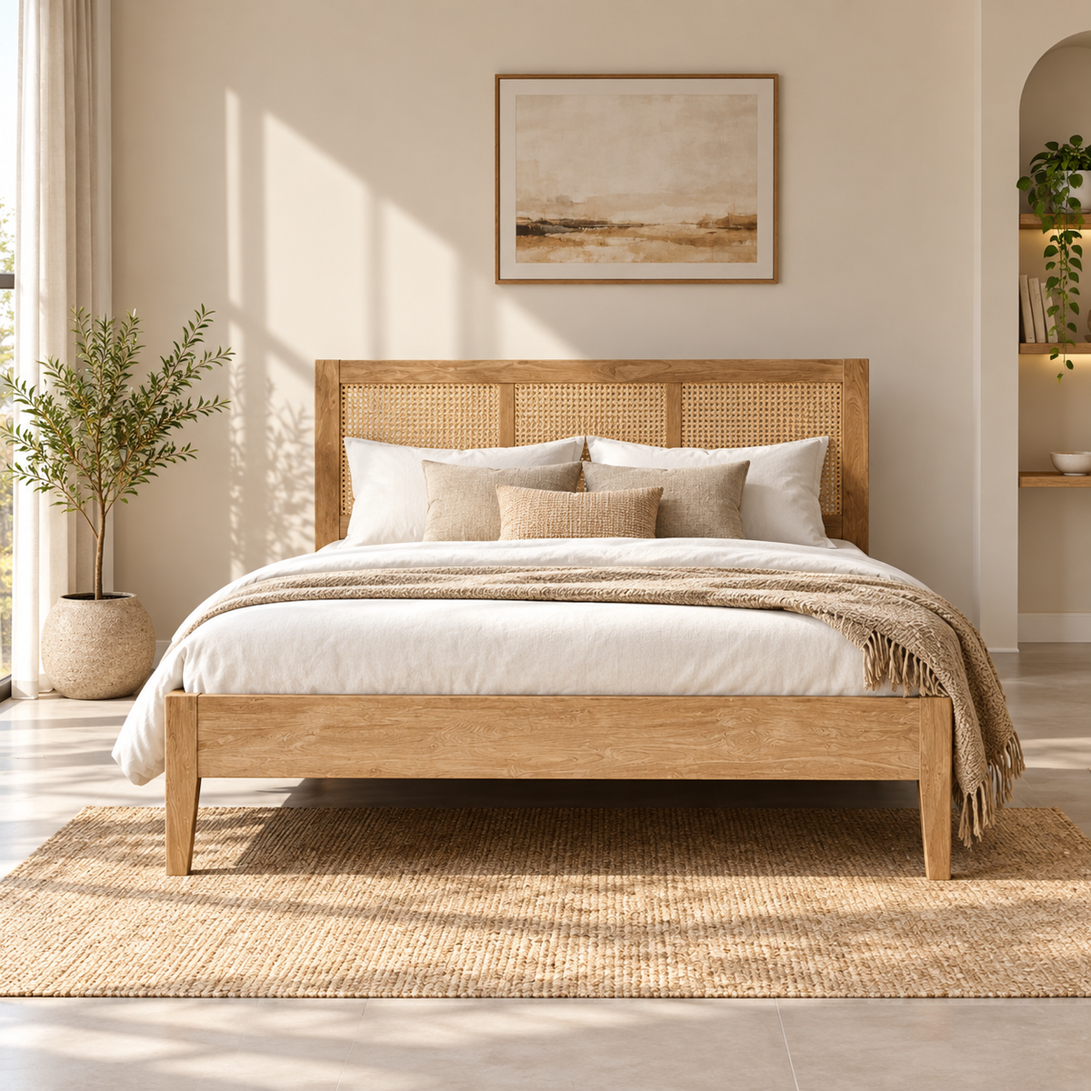 Natural Wood Bed with Rattan Headboard - Z-B-021